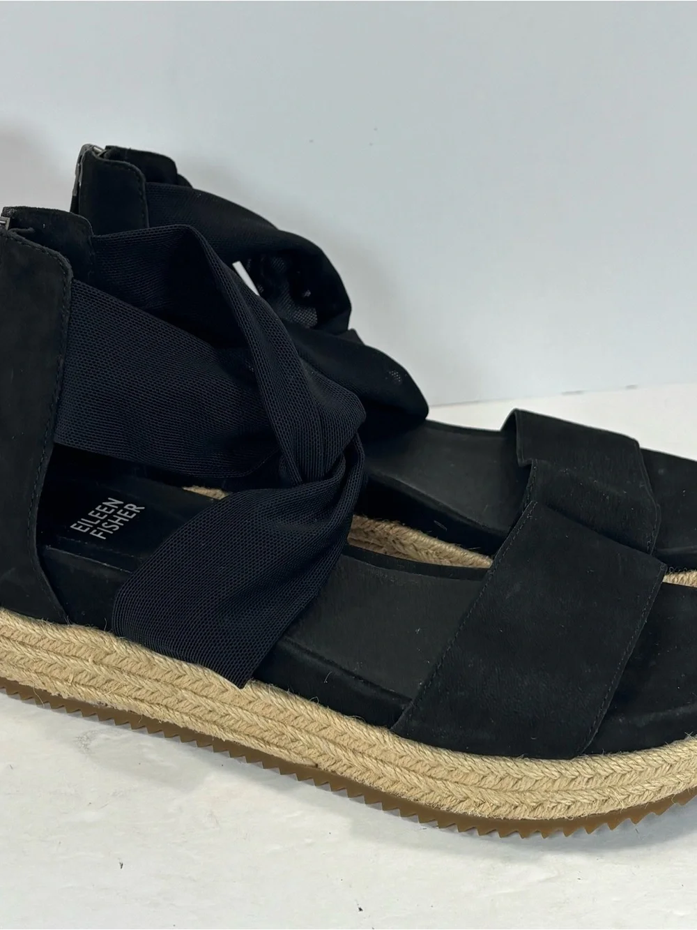 Eileen Fisher Wisp Espadrille Wedge Wrap Sandals Women 8 Black Preppy Boho
